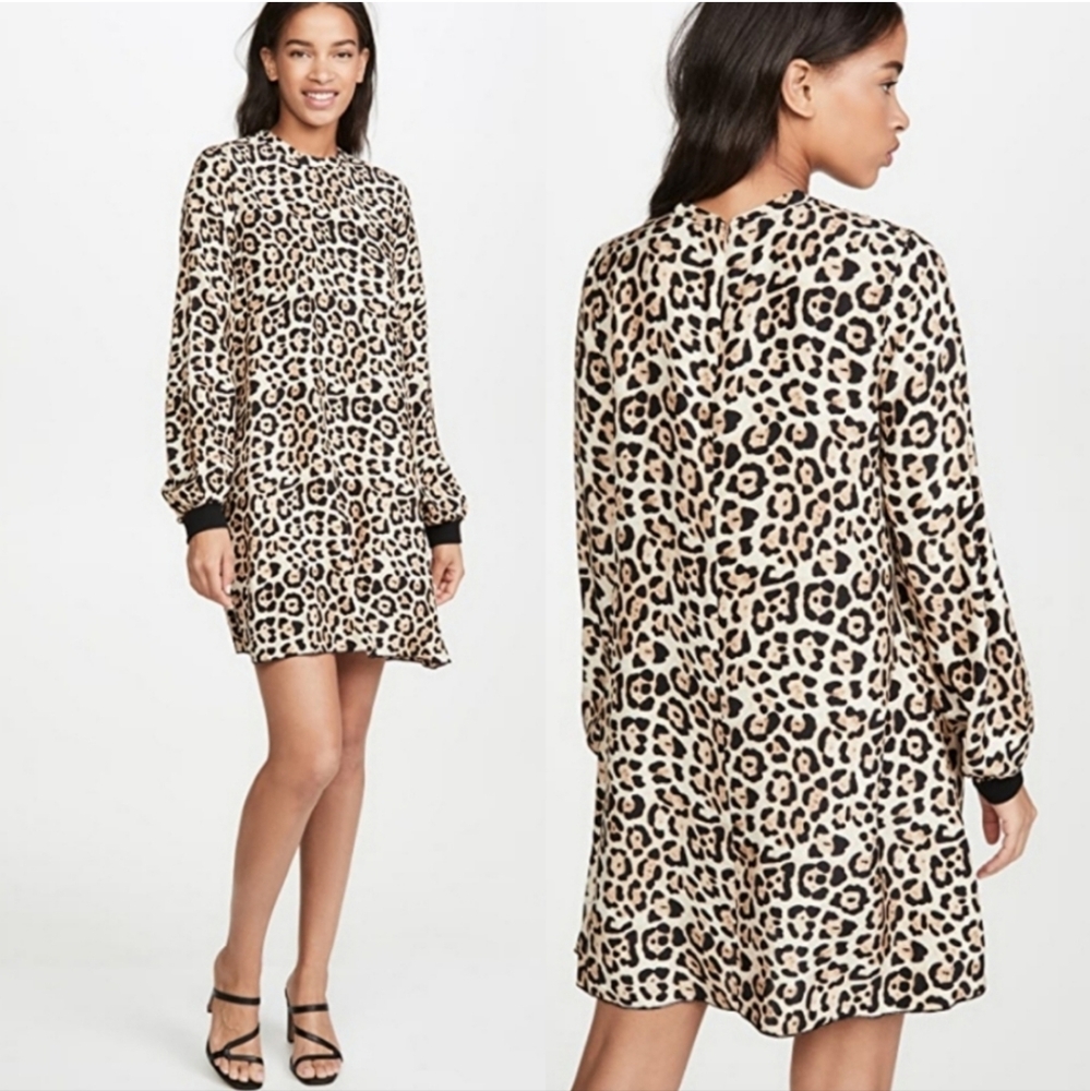 ATM Leopard Silk Print Bishop Sleeve Mini Dress Animal Print